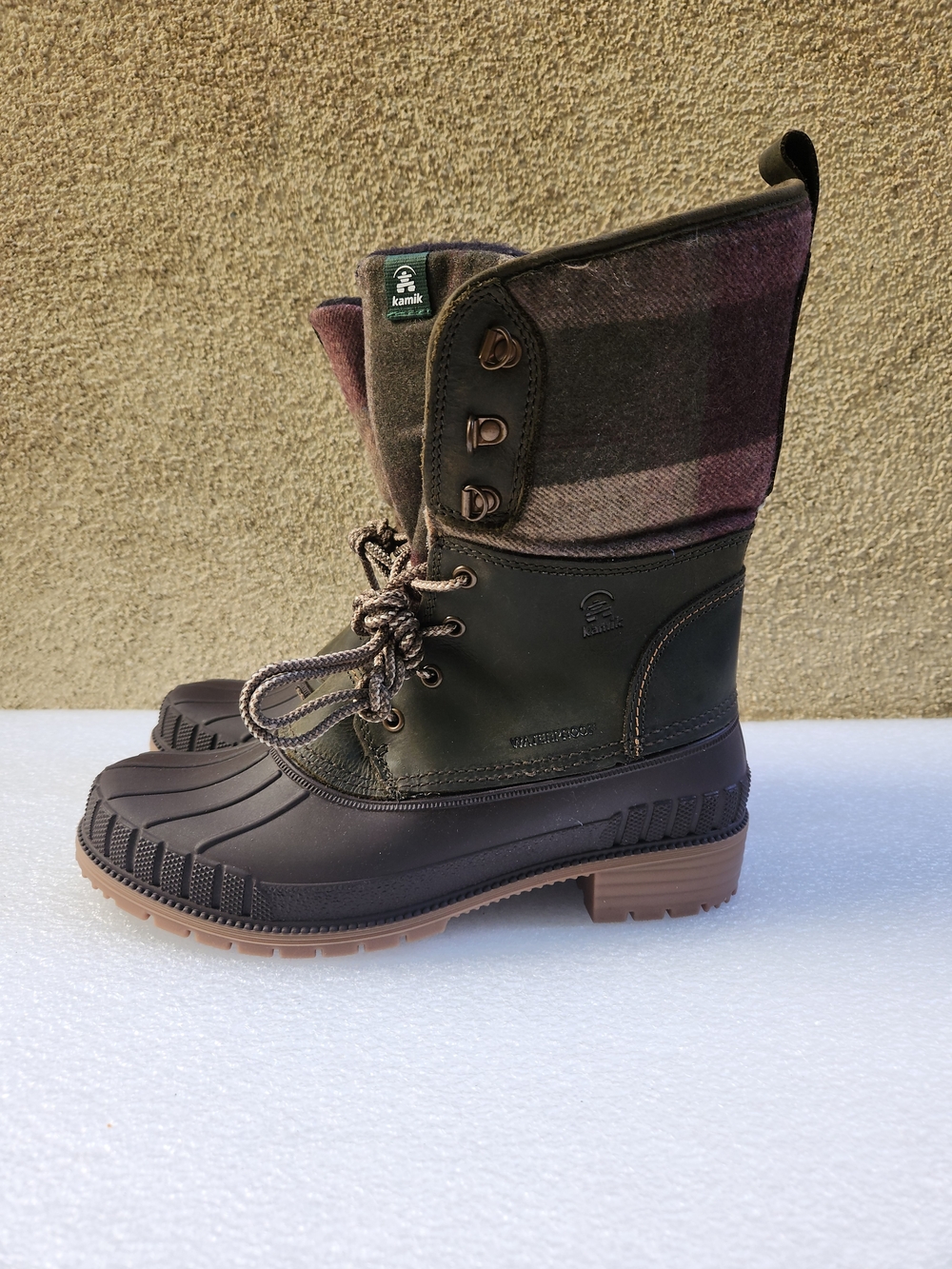 Kamik Sienna 2 Women's Olive and Brown Plaid Waterproof Lace-Up Winter Boots